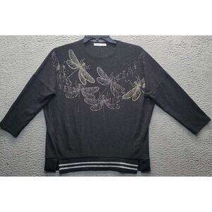 Arianna Sweater Womens 1 Black Metallic Dragonfly Rhinestone‎ Side Slit Rib Hem